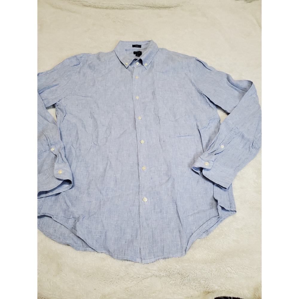 J. Crew Blue Linen Blend Button Dress Shirt Slim Fit Men Large Casual Classic